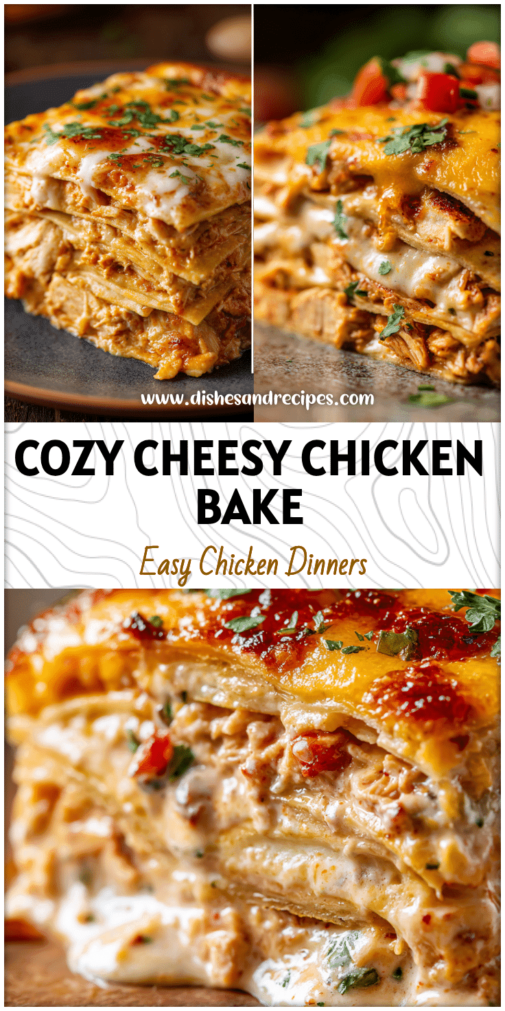 Golden baked Cheesy Holiday Chicken Tortilla Bake layered with tortillas, creamy sauce, and melted cheese.